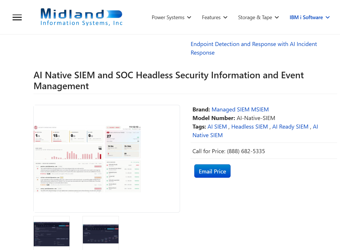 Midland Information Systems AI Native SIEM product page with model details, call-for-price phone number, and Email Price button